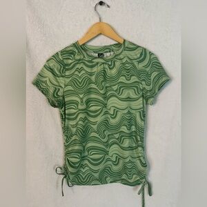 Green Wave Pattern Short Sleeve Top With String sides